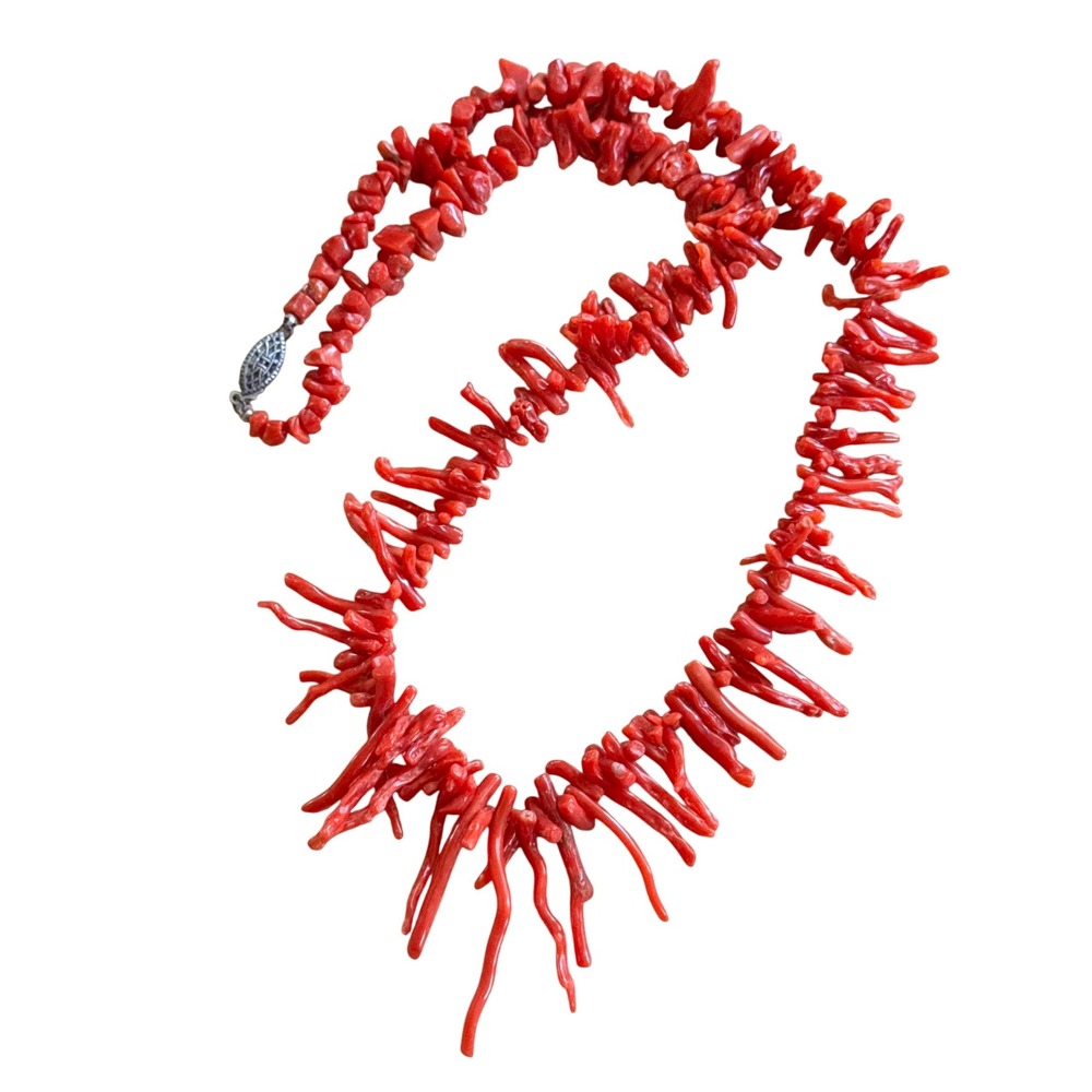 VTG 1940s Mediterranean Red Coral Necklace Branch Beaded Natural Sterling Silver